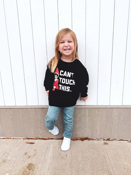 Cant Touch This Elf on the Shelf Christmas Kids Crewneck- Model1 