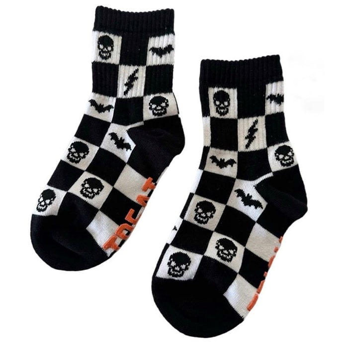 Black & White Checkered Halloween Socks for Kids with Skulls