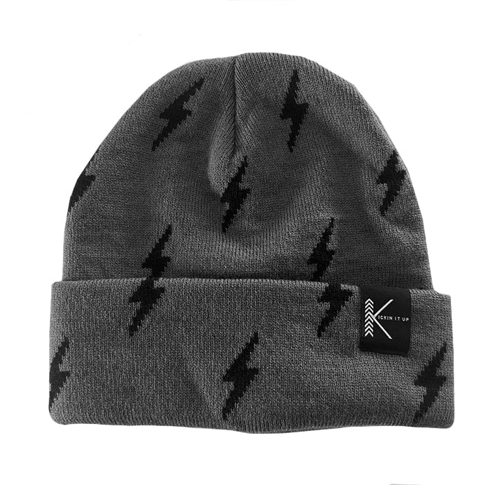 Kids Charcoal Beanie with Black Lightning Bolts