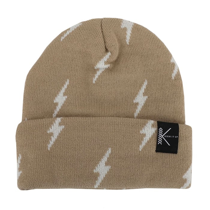 Kids Beanie - Tan Beige with white lightning bolts