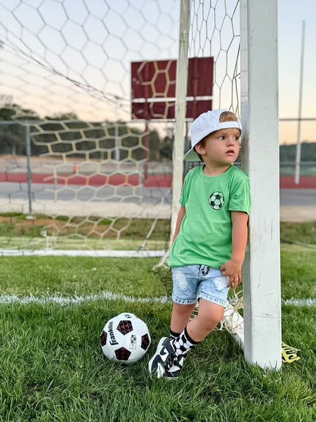 Lets Kick Some Grass Kids Soccer Tee - Model3 - Ledger Nash Co