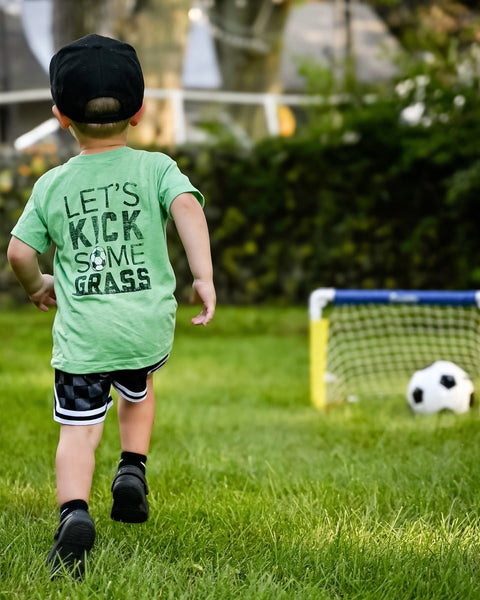 Lets Kick Some Grass Kids Soccer Tee - Model1 - Ledger Nash Co