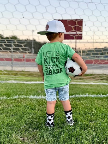 Lets Kick Some Grass Kids Soccer Tee - Model2 - Ledger Nash Co