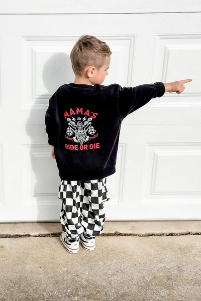 Mama's Ride or Die Crewneck Sweatshirt for Kids - Back View - Model 4-Ledger Nash Co